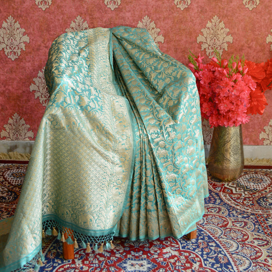Turquoise Green Shikargah Silk Saree