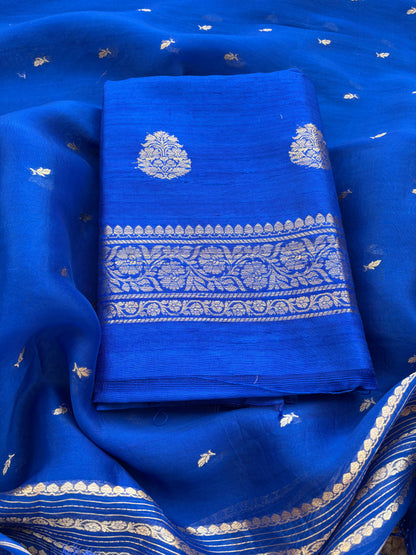 Blue raw silk suit set with kora silk dupatta