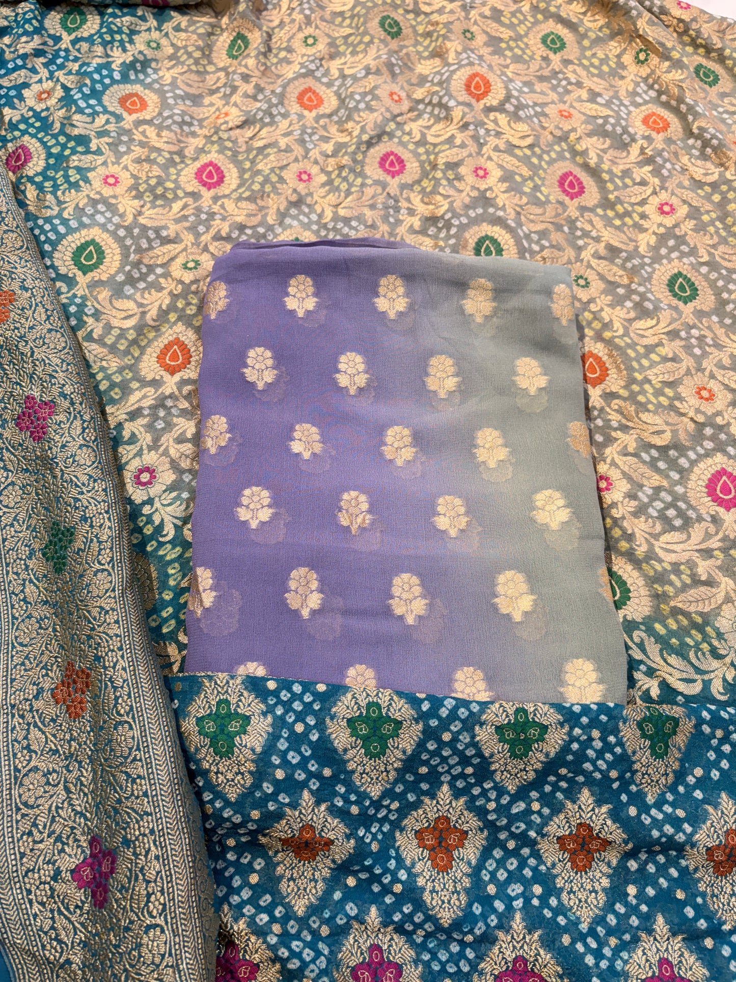 Grey and blue shaded Khaddi georgette suit set