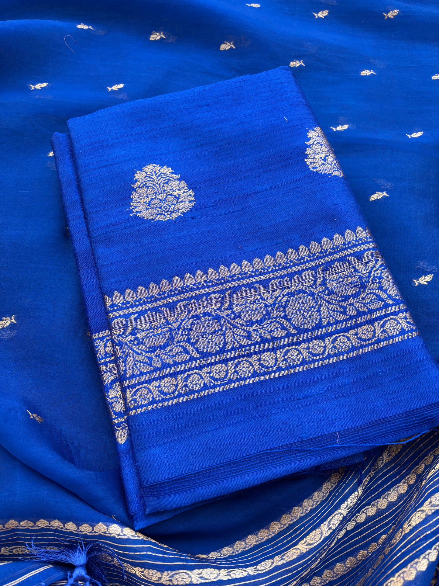 Blue raw silk suit set with kora silk dupatta