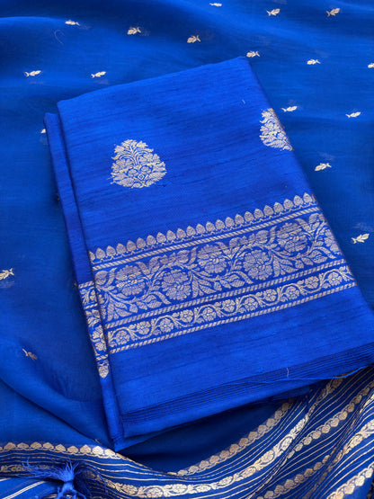 Blue raw silk suit set with kora silk dupatta