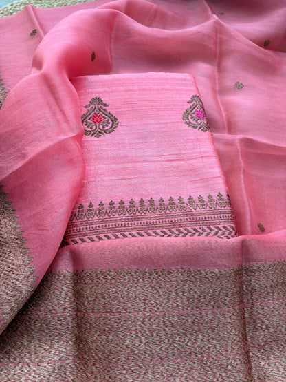 Pink raw silk tussar kadhwa suit set