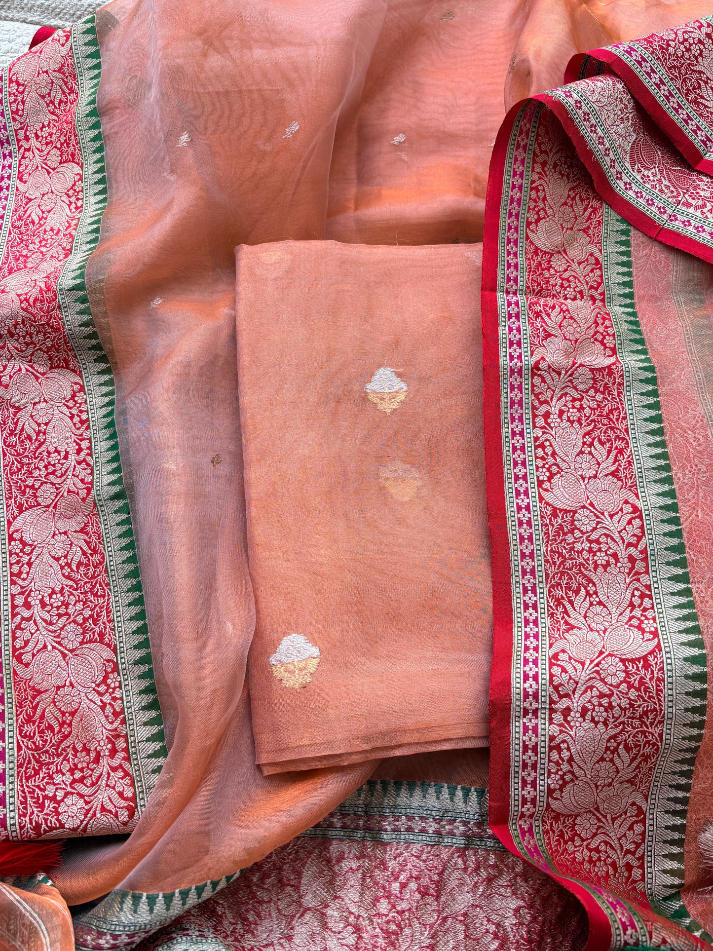 Rust  tissue suit with Kora tissue dupatta