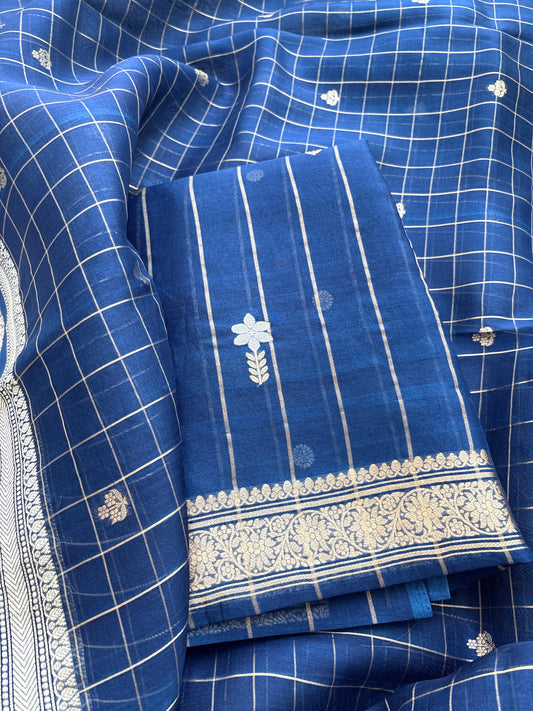 Blue check design kora silk suit set