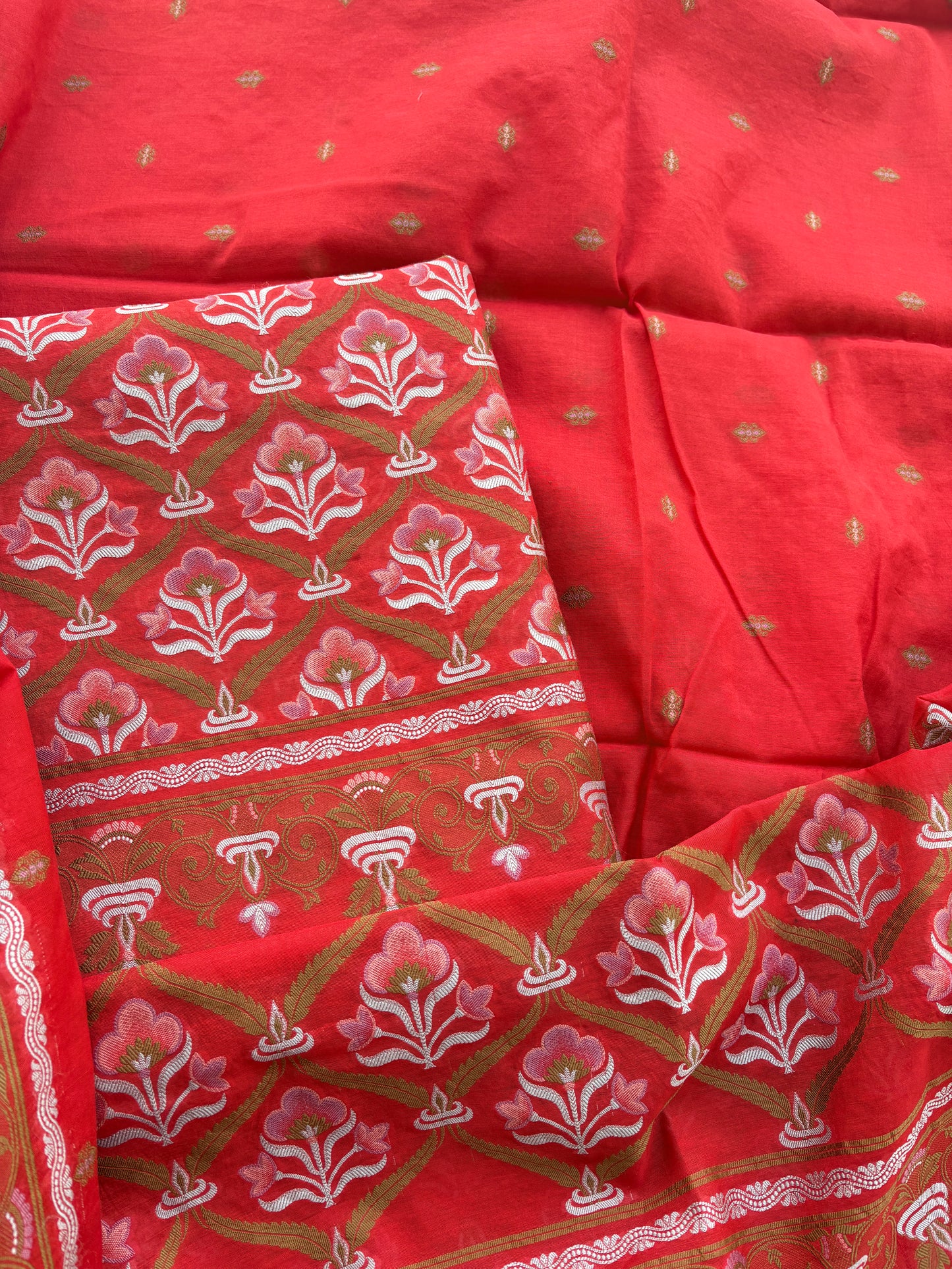 Red Chanderi brocade weaving suit set