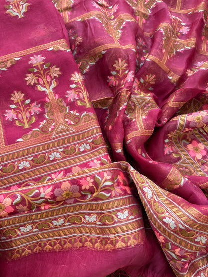 Magenta kora silk jaal suit set