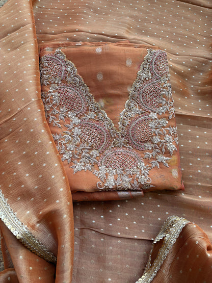 Pure kora hand embroidery suit with tissue silk dupatta ,Satin lower