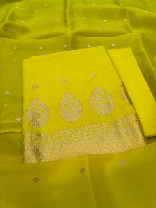 Neon green Chiniya kora silk suit set