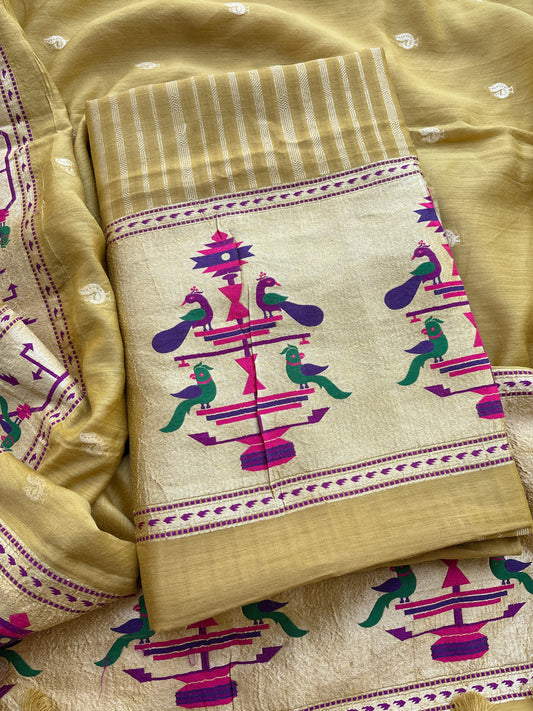 Lime paithani weaving moonga silk suit set