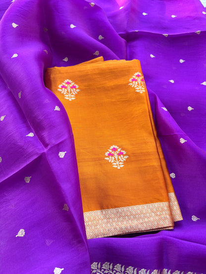 Rust orange suit with purple kora silk dupatta