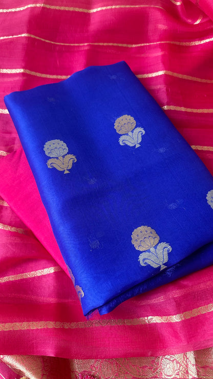 Blue kora shirt, pink kora dupatta and plain bottom.