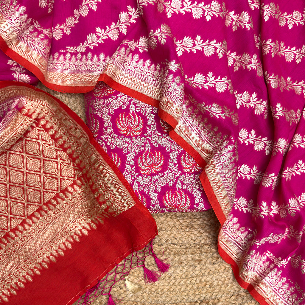 Pink orange pure silk chaap due suit set