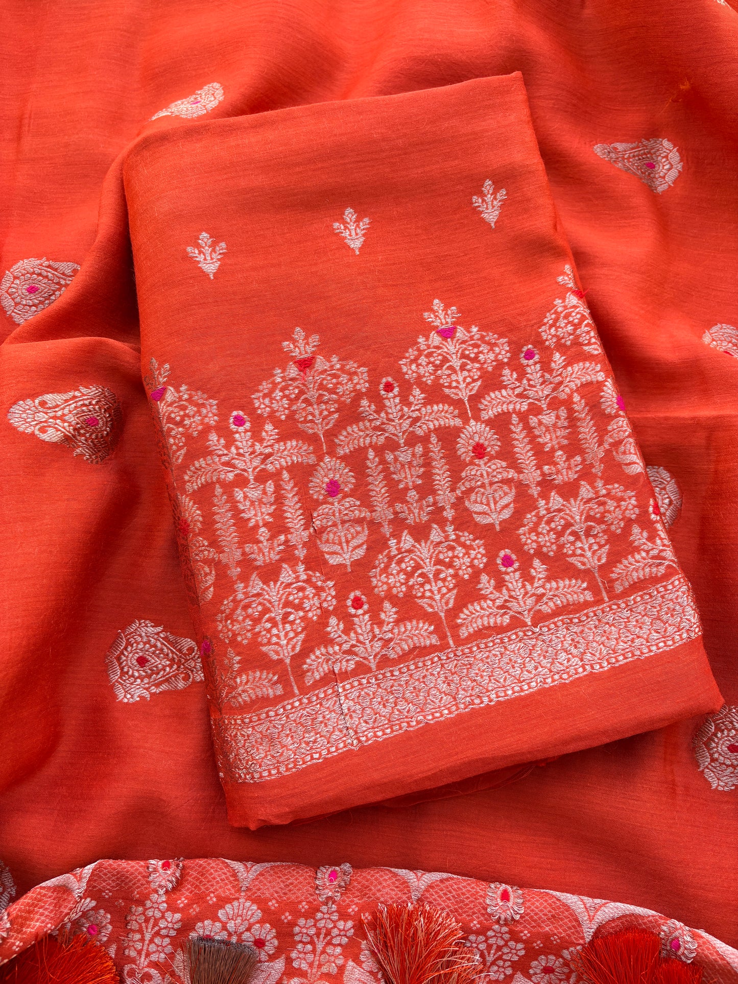 Orange moonga silk suit set kadhwa weave