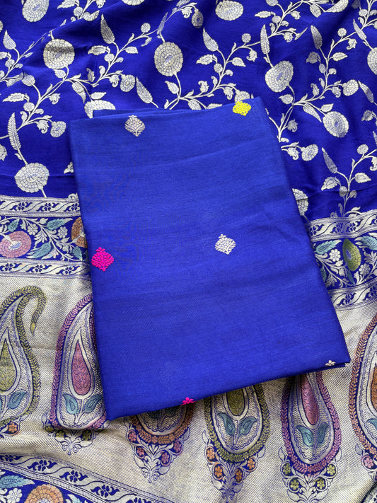Blue moonga silk 3 piece suit set with jaal dupatta