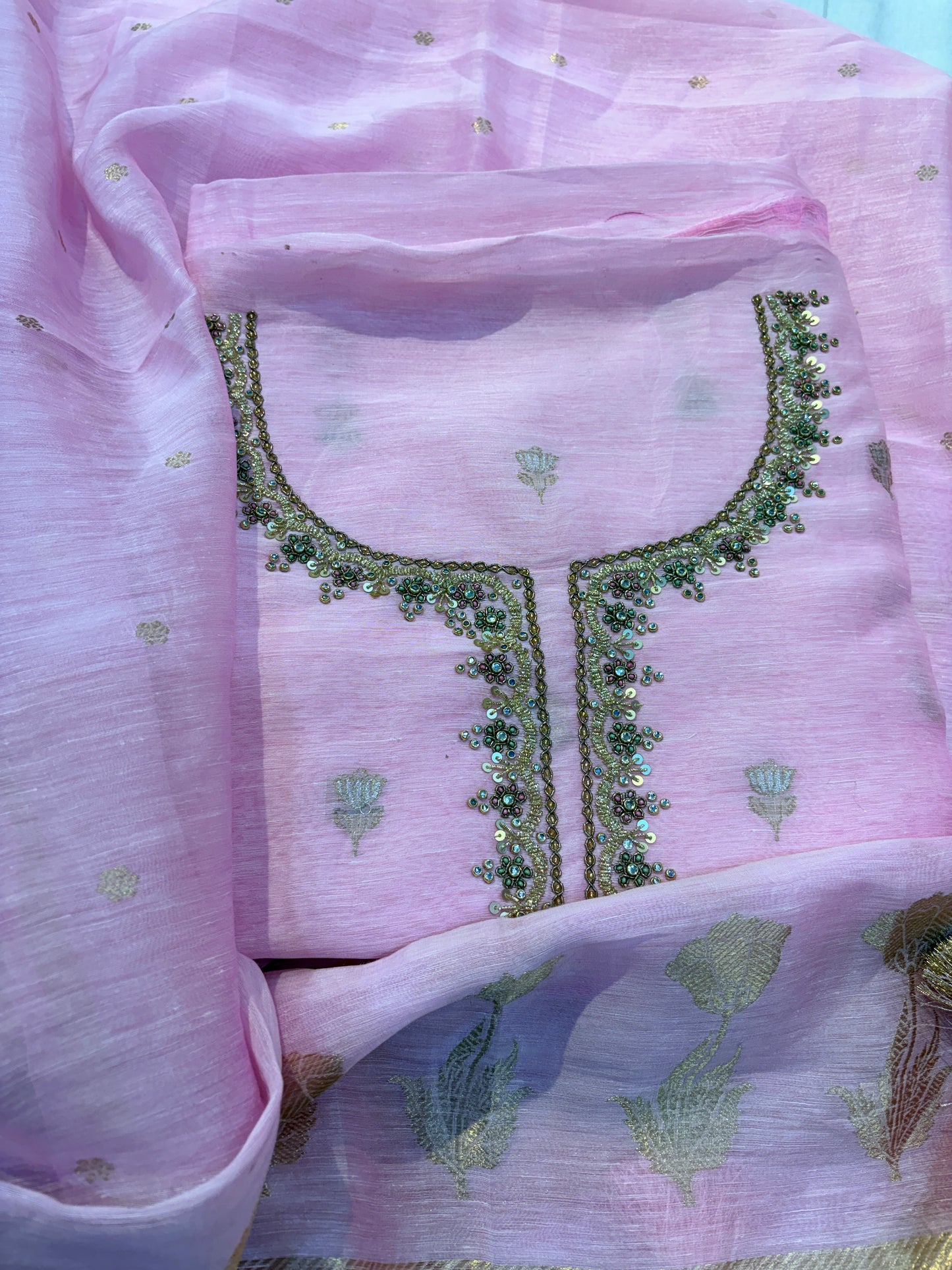 Pink linen suit hand work suit set