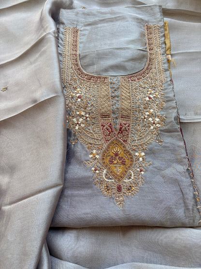 Grey 3 colored tissue hand embroidered suit set