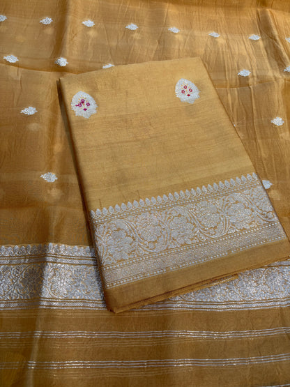 Light yellow meenadar silver zari Chiniya kora suit set