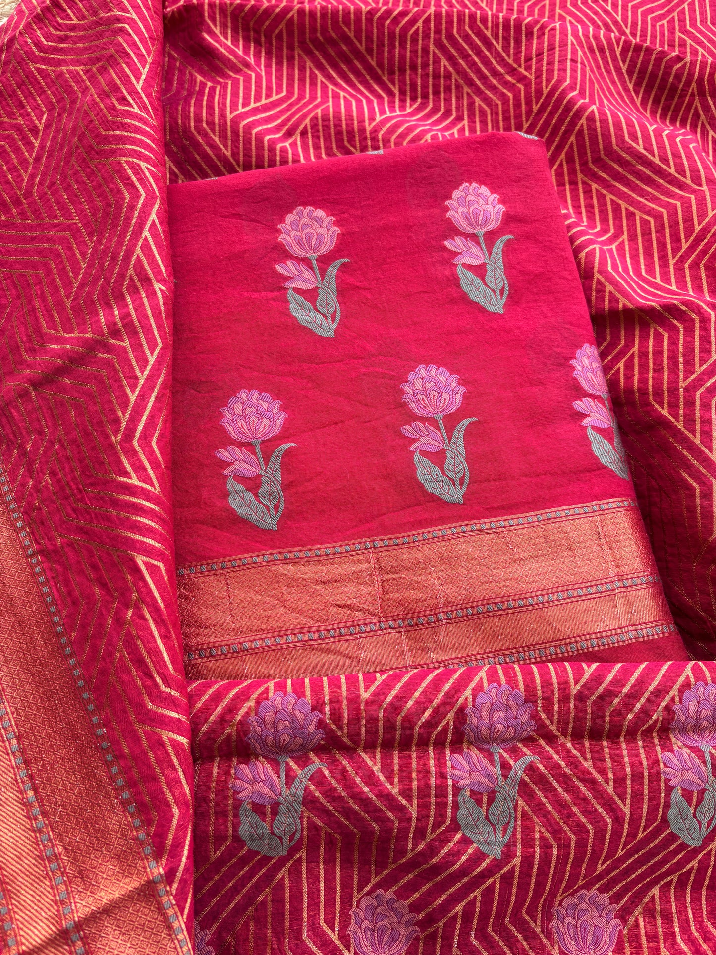 Rani red Chanderi flower weaving suit set