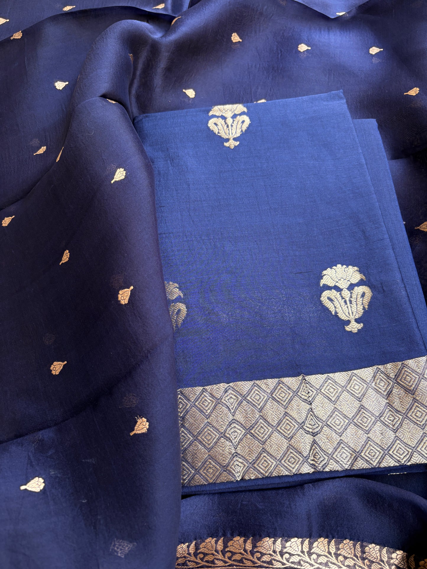 Blue Chiniya silk kora dupatta suit set