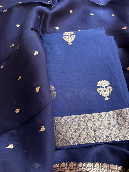 Blue Chiniya silk kora dupatta suit set