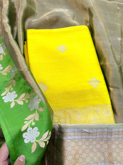 Yellow Chiniya silk with green tissue dupatta