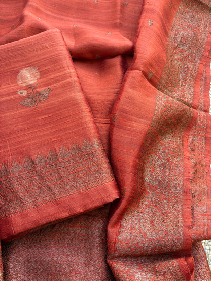 Rust raw silk tussar kadhwa suit set