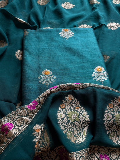 Green raw silk meenadar Kurta, bottom , Khaddi georgette dupatta
