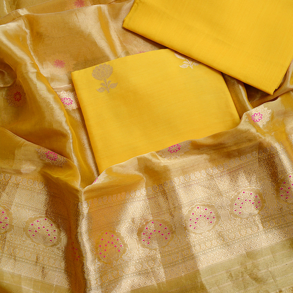 Yellow Chiniya silk kadhwa suit with tissue dupatta( FM 24)