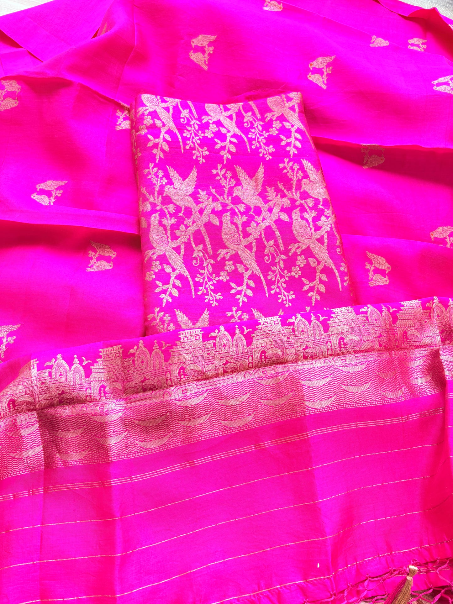 Pink brocade silk suit set with silk bird dupatta
