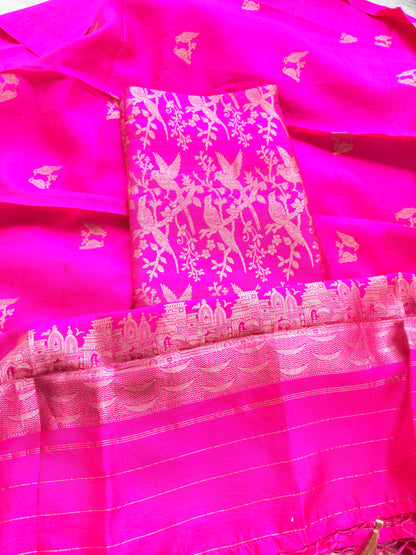 Pink brocade silk suit set with silk bird dupatta