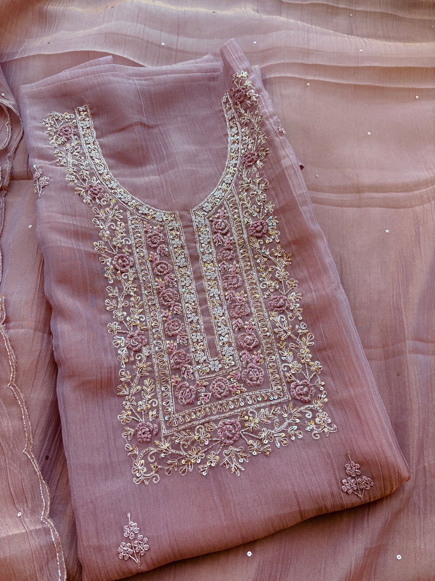 Pink hand embroidered tissue silk suit set