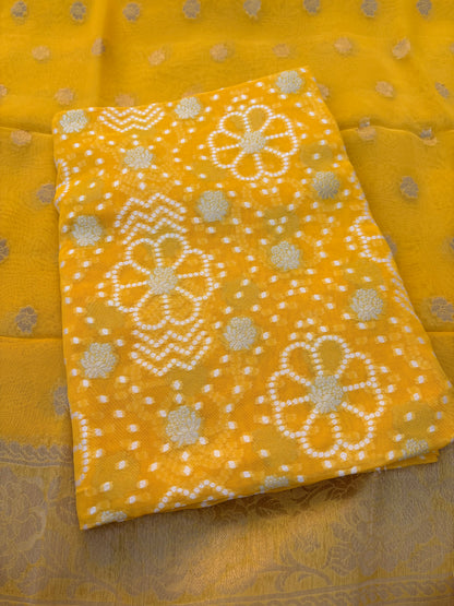 Yellow premium chiffon bandhani 3 piece suit set