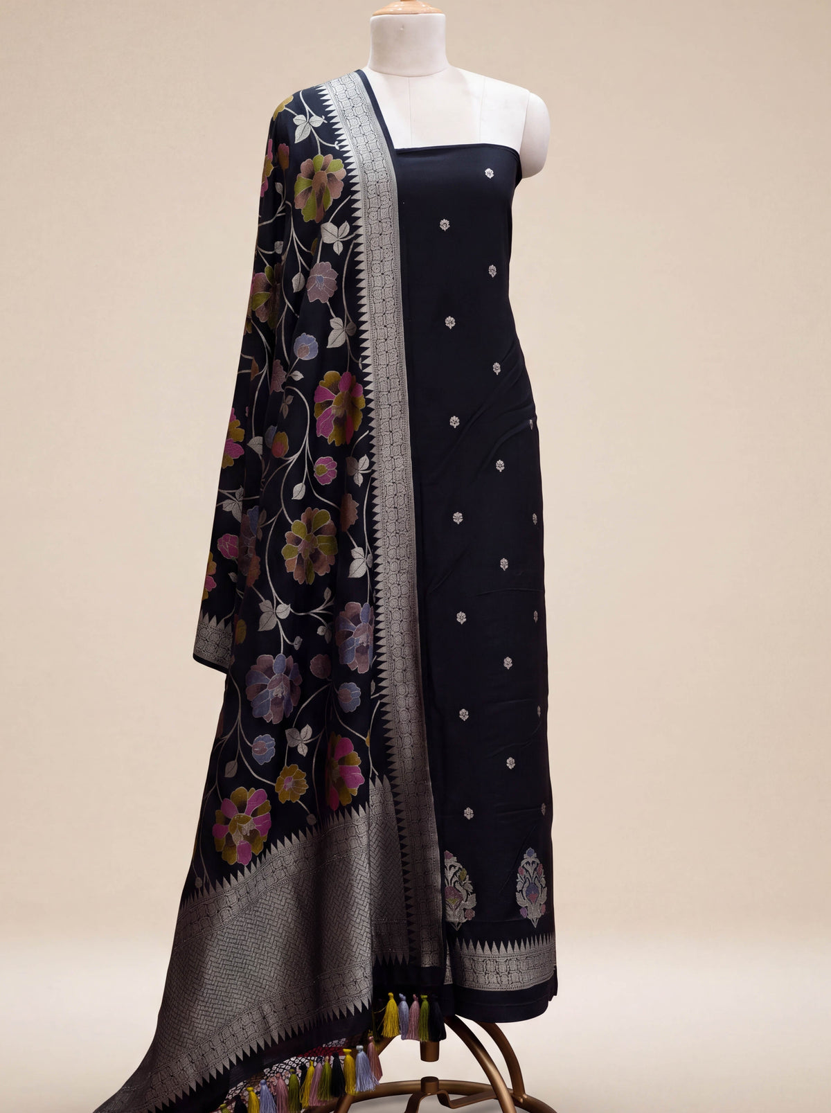 Black moonga silk jaal suit set