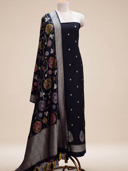 Black moonga silk jaal suit set