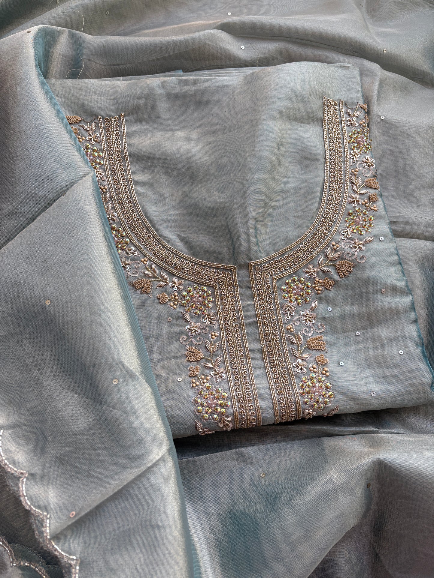 Blue tissue hand embroidered suit set