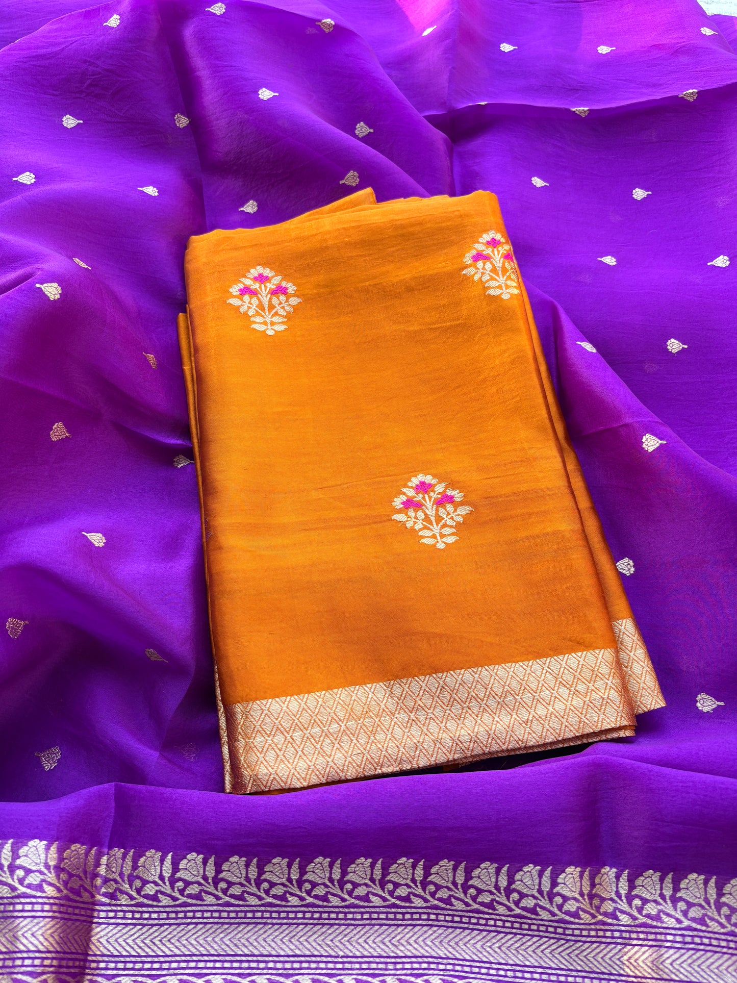Rust orange suit with purple kora silk dupatta