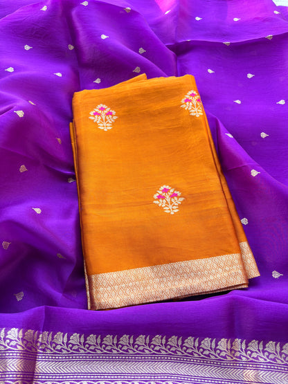 Rust orange suit with purple kora silk dupatta