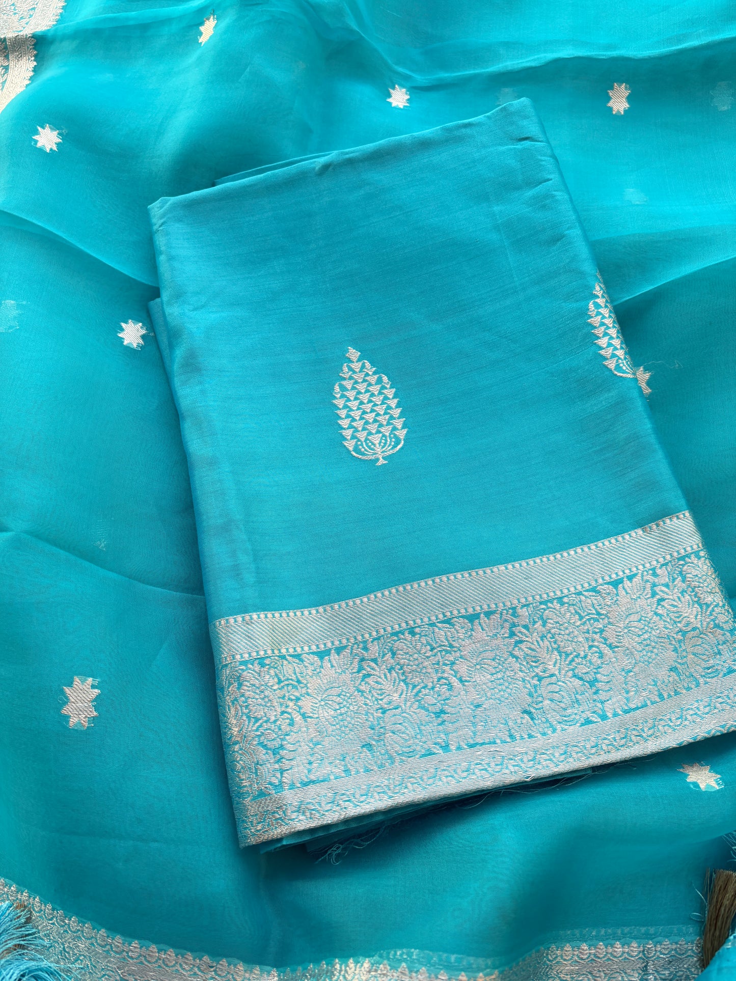 Blue Chiniya Kora silk silver zari suit set