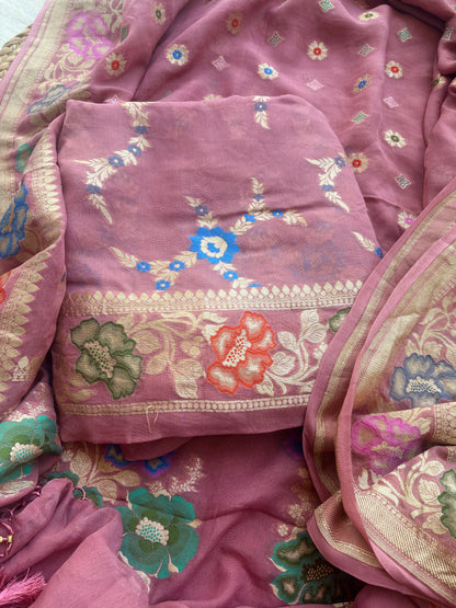 Peach meenadar weaving Khaddi georgette suit set