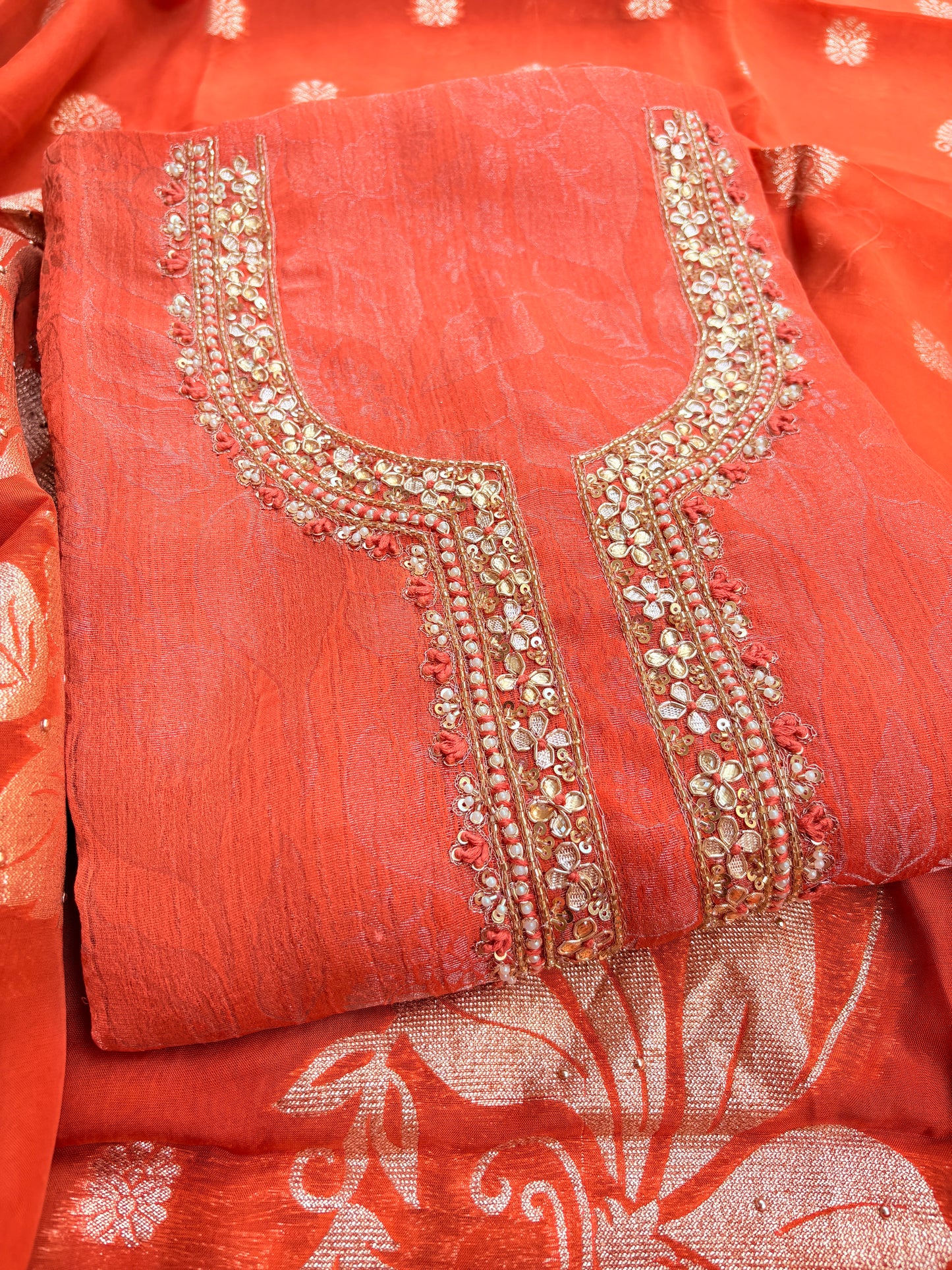 Peach orange tissue silk 3 piece  suit set