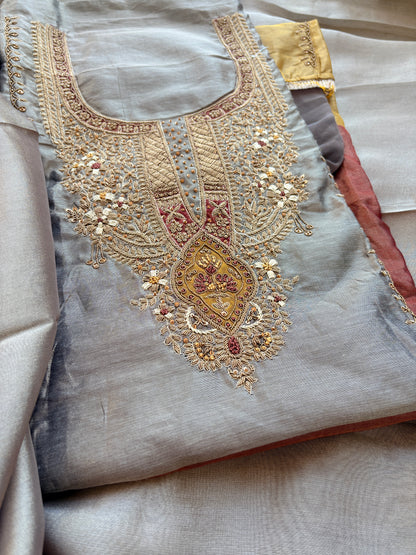 Grey 3 colored tissue hand embroidered suit set
