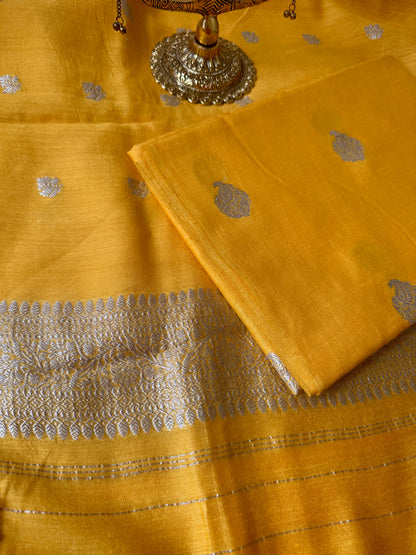 Yellow Silver zari moonga silk 3 piece suit set