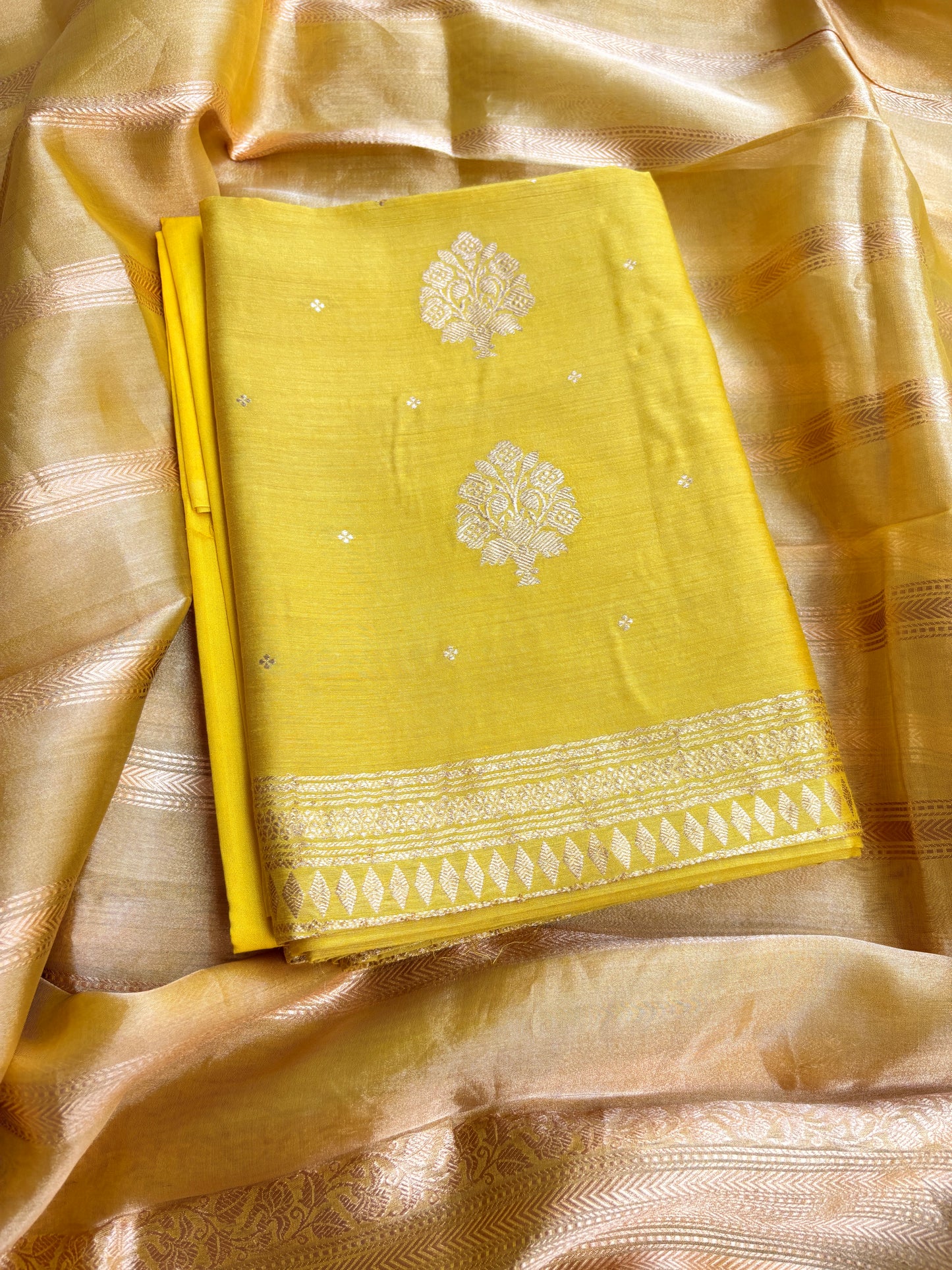 Lime yellow moonga silk kurta, bottom and tissue kadhwa dupatta