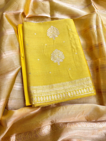 Lime yellow moonga silk kurta, bottom and tissue kadhwa dupatta
