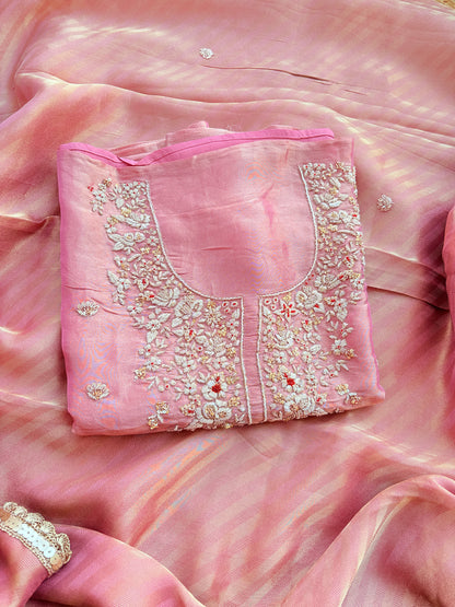 Pink tissue silk hand embroidery suit set