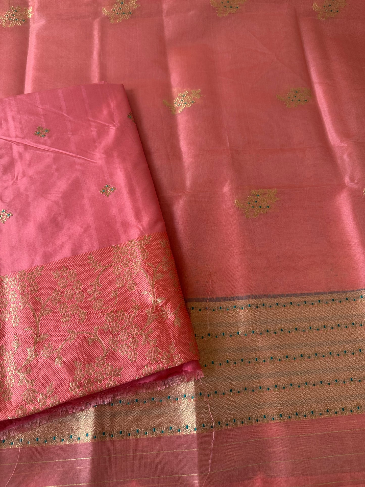 Pink katan silk embroidered kurta, plain katan bottom and kora silk dupatta .