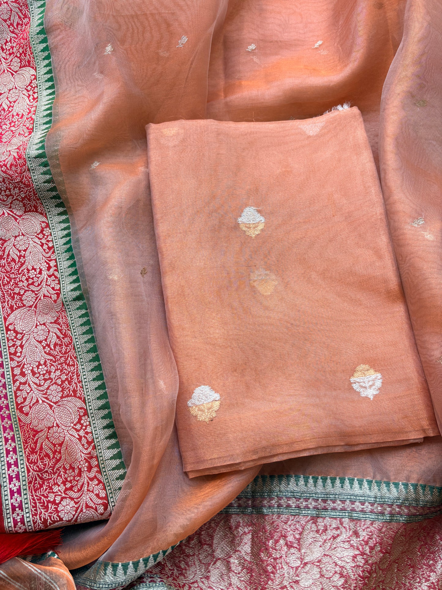Rust  tissue suit with Kora tissue dupatta