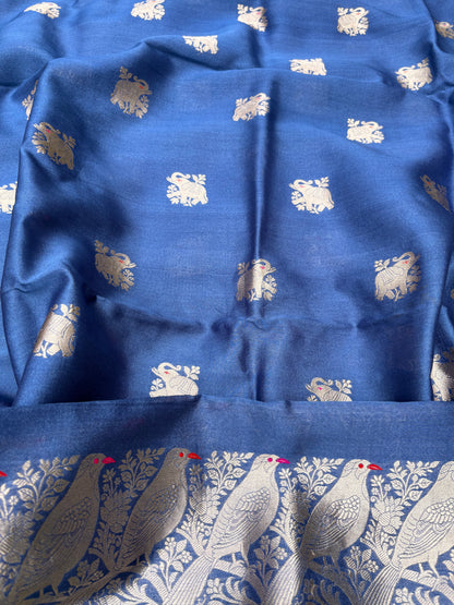 Blue raw silk kurta, bottom, Chiniya kora dupatta