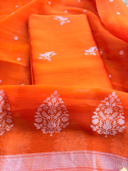 Orange mango silk kadhwa , kora silk suit set