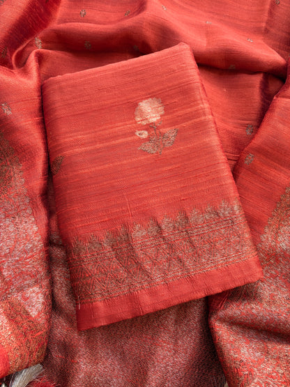 Rust raw silk tussar kadhwa suit set